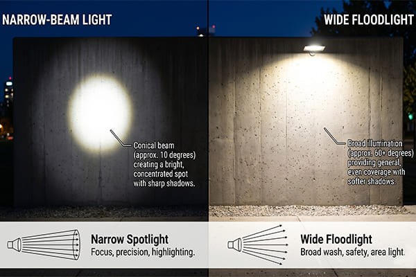 A comparison of a narrow-beam light versus a wide floodlight on a wall